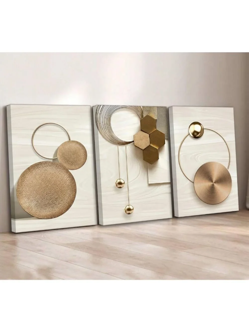 3 Pcs Abstract Gold Geometric Canvas Wall Art - Boho Mid Century Modern Decor